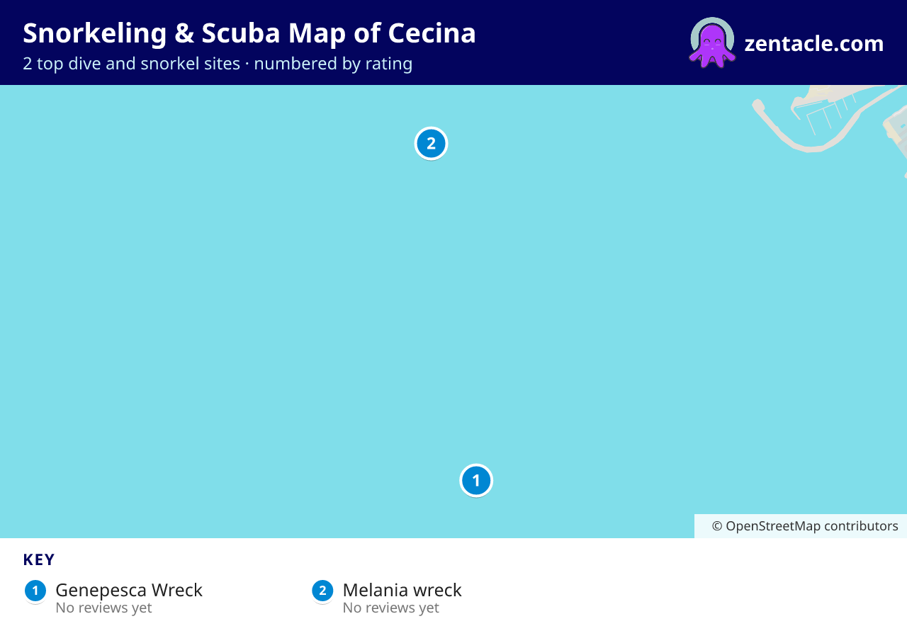 Snorkeling & Scuba Map of Cecina: numbered map of the top 2 dive and snorkel sites, with ratings