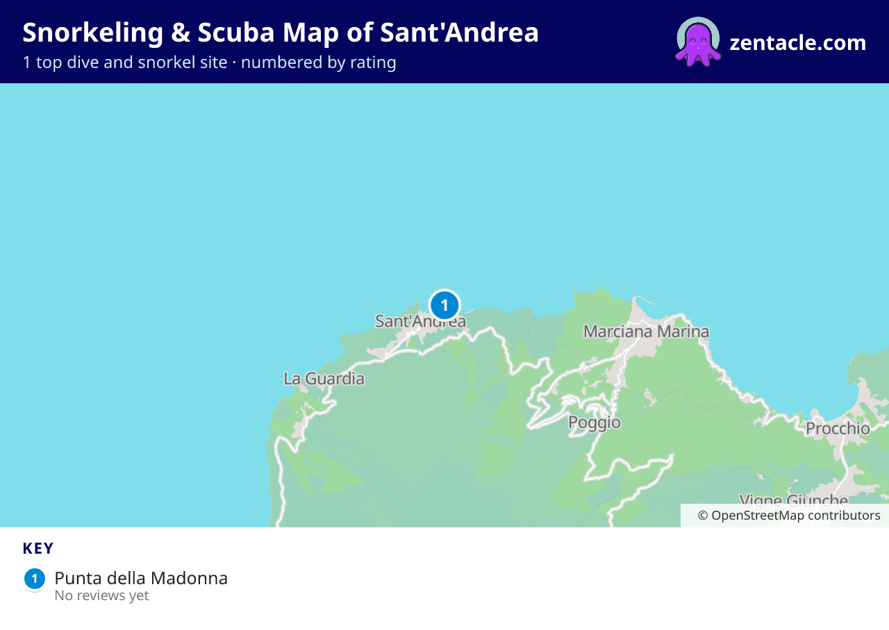 Snorkeling & Scuba Map of Sant'Andrea: numbered map of the top 1 dive and snorkel sites, with ratings