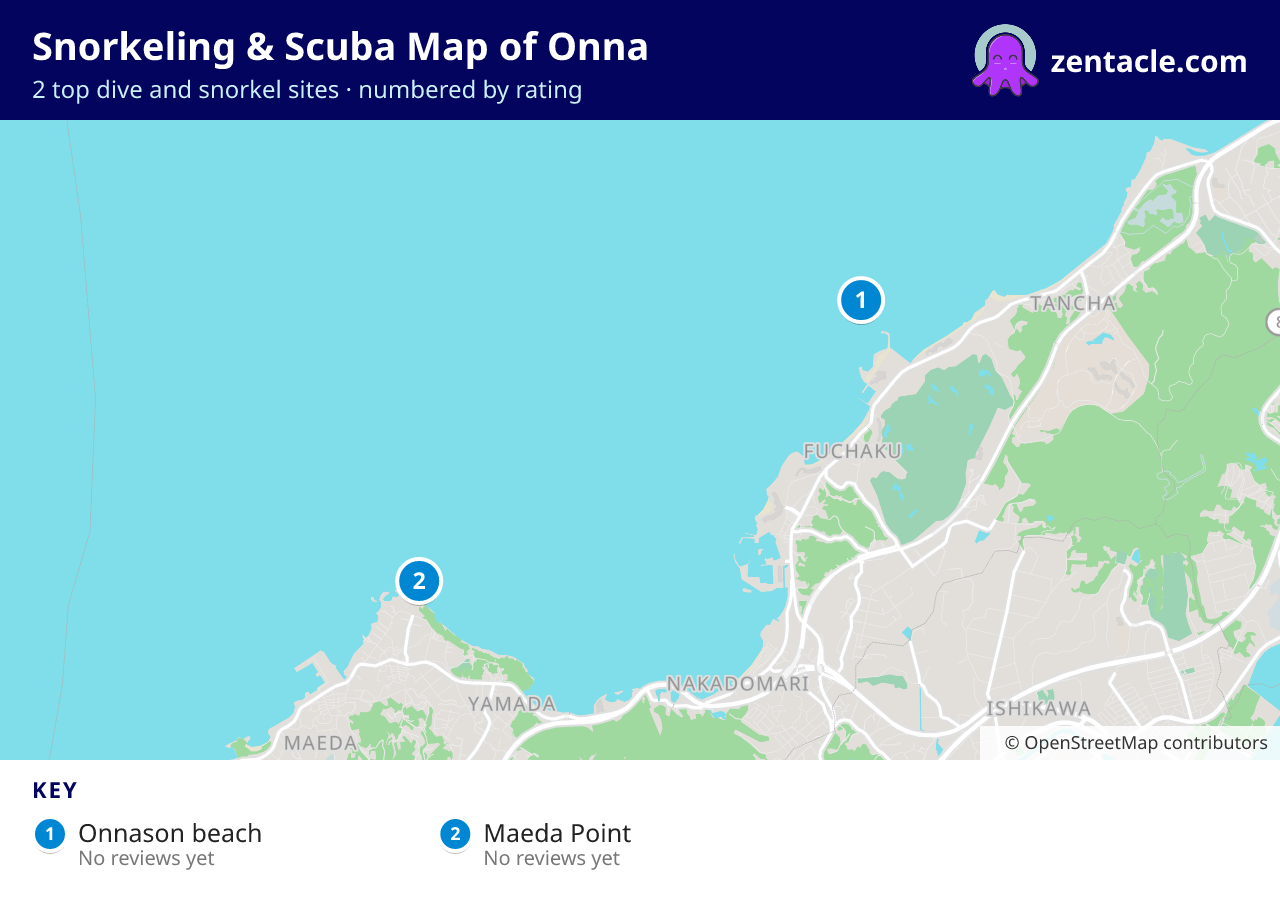 Snorkeling & Scuba Map of Onna: numbered map of the top 2 dive and snorkel sites, with ratings