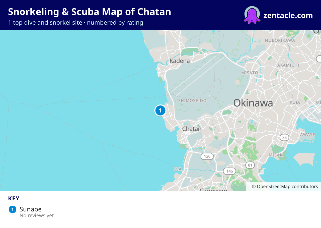 Snorkeling & Scuba Map of Chatan: numbered map of the top 1 dive and snorkel sites, with ratings
