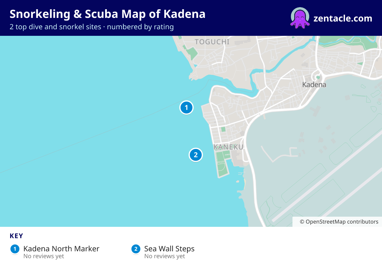 Snorkeling & Scuba Map of Kadena: numbered map of the top 2 dive and snorkel sites, with ratings