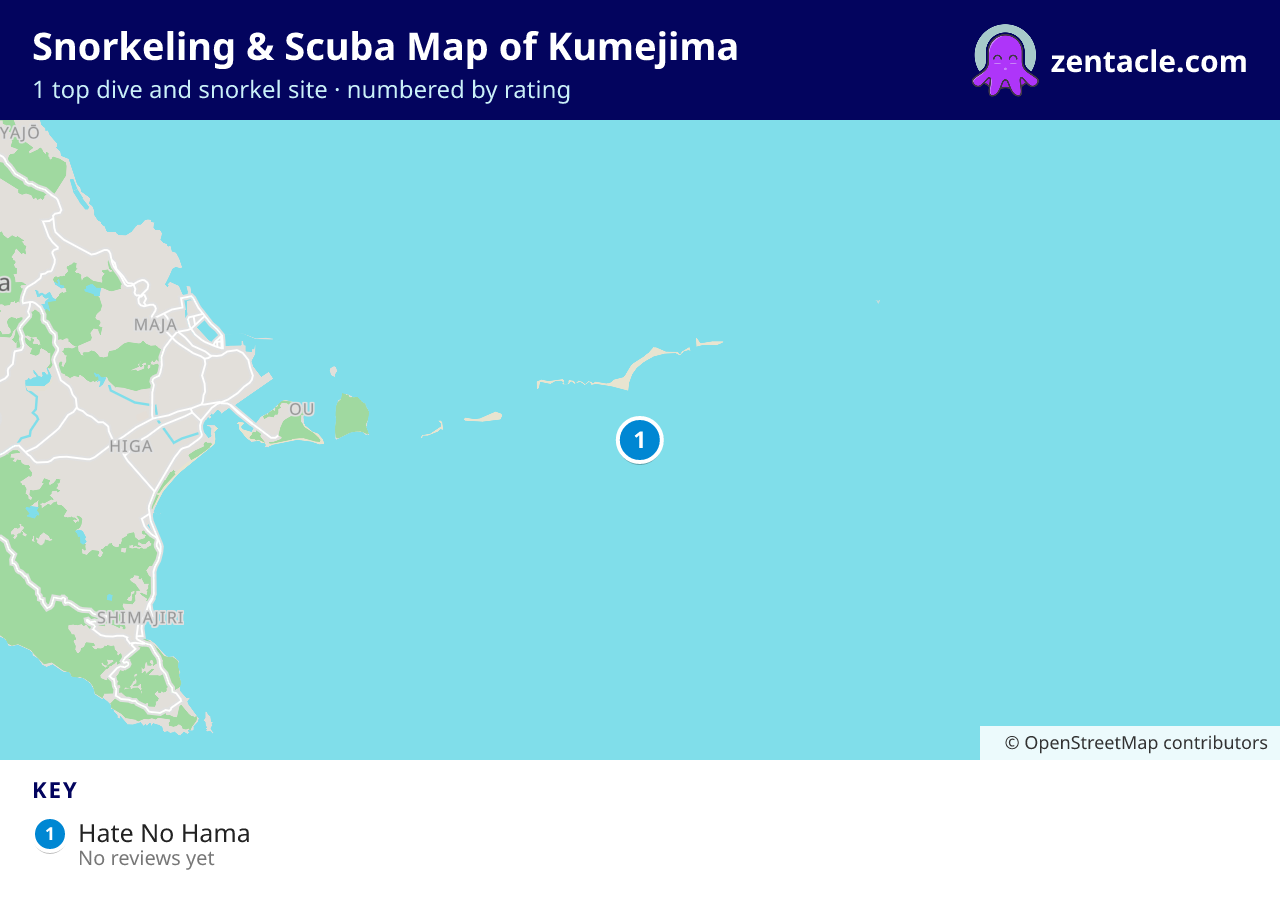 Snorkeling & Scuba Map of Kumejima: numbered map of the top 1 dive and snorkel sites, with ratings