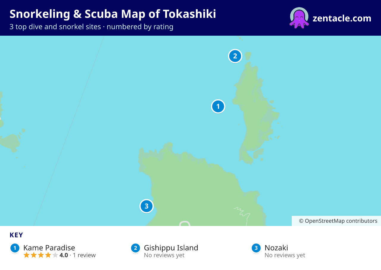 Snorkeling & Scuba Map of Tokashiki: numbered map of the top 3 dive and snorkel sites, with ratings