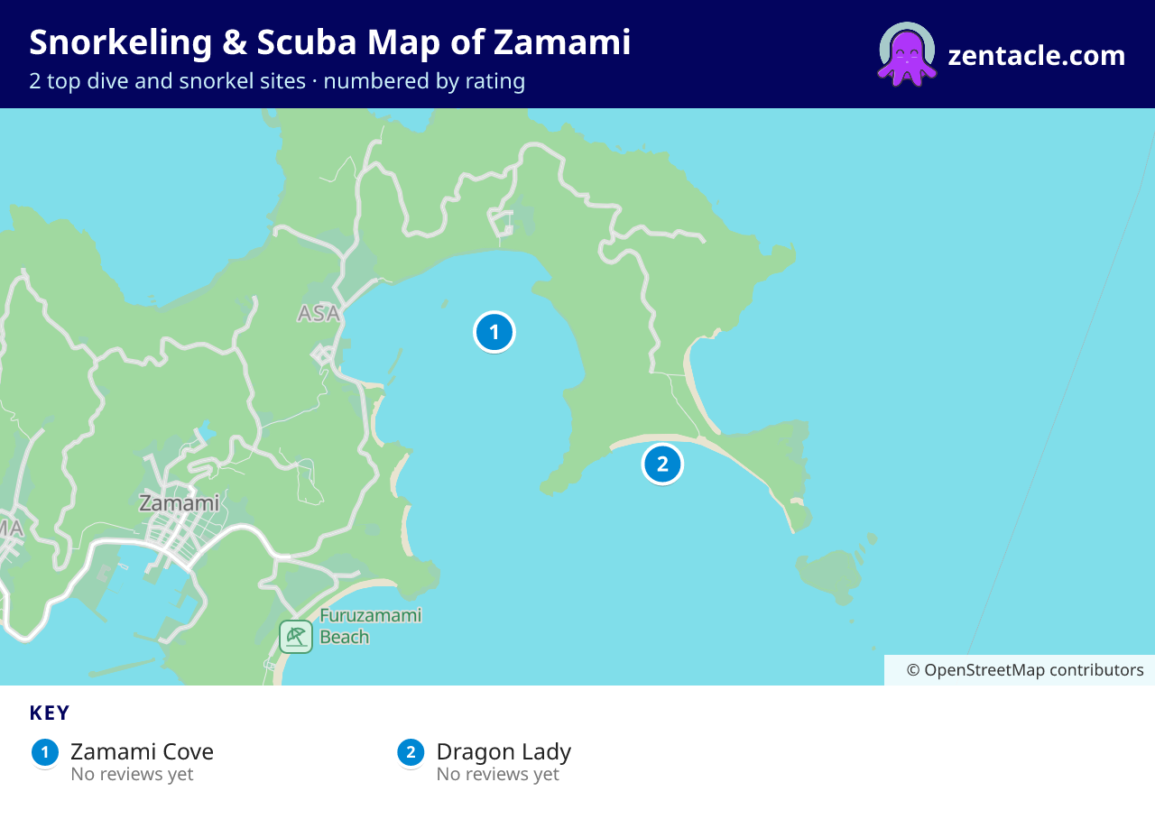 Snorkeling & Scuba Map of Zamami: numbered map of the top 2 dive and snorkel sites, with ratings