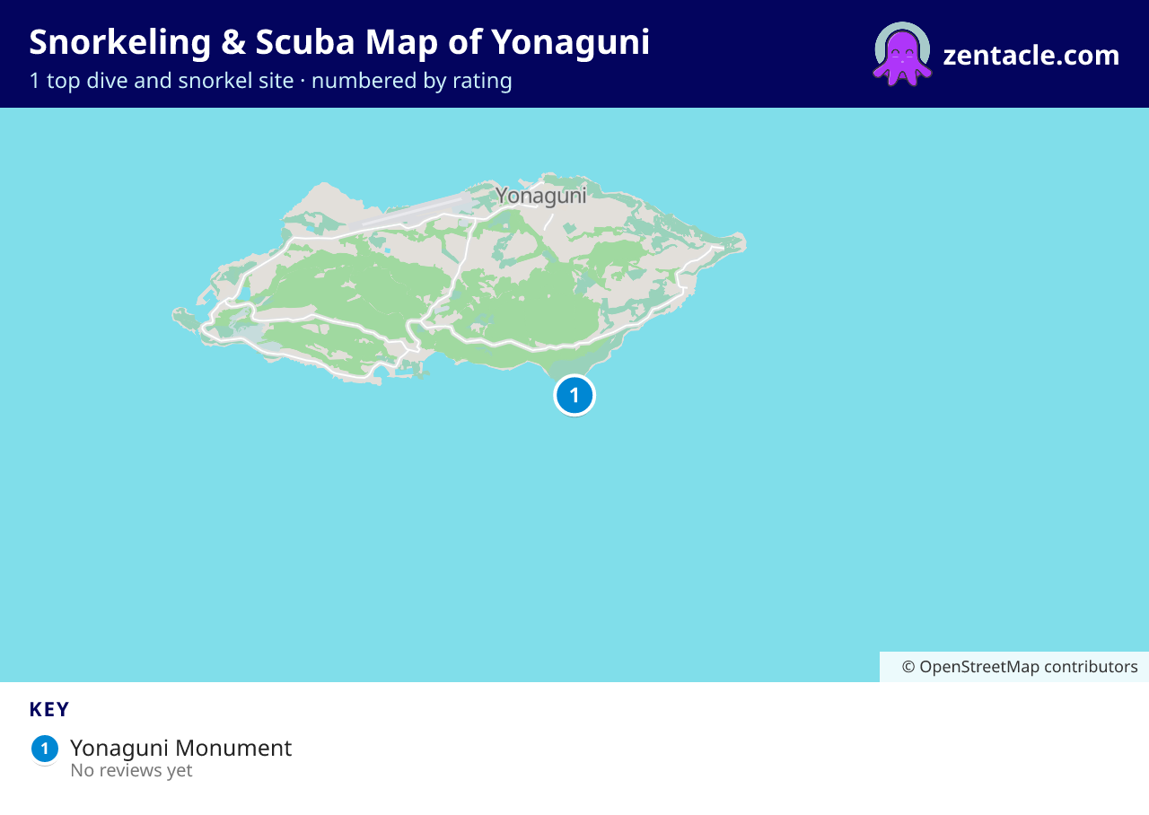 Snorkeling & Scuba Map of Yonaguni: numbered map of the top 1 dive and snorkel sites, with ratings