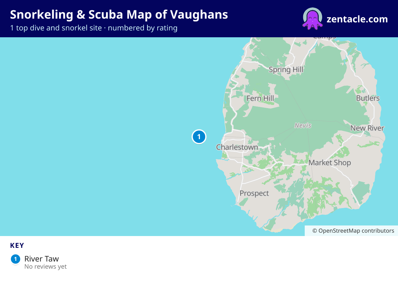 Snorkeling & Scuba Map of Vaughans: numbered map of the top 1 dive and snorkel sites, with ratings