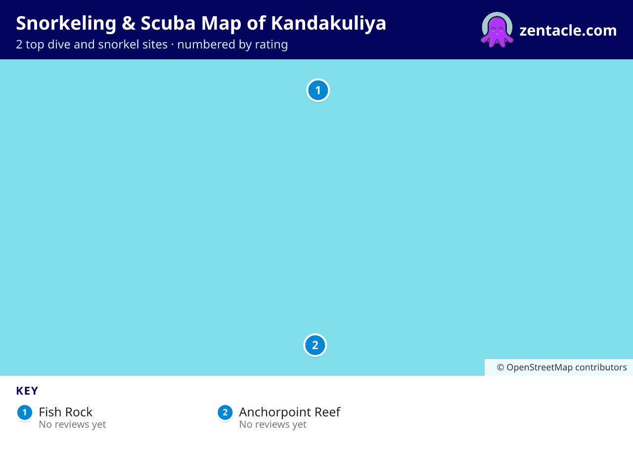 Snorkeling & Scuba Map of Kandakuliya: numbered map of the top 2 dive and snorkel sites, with ratings