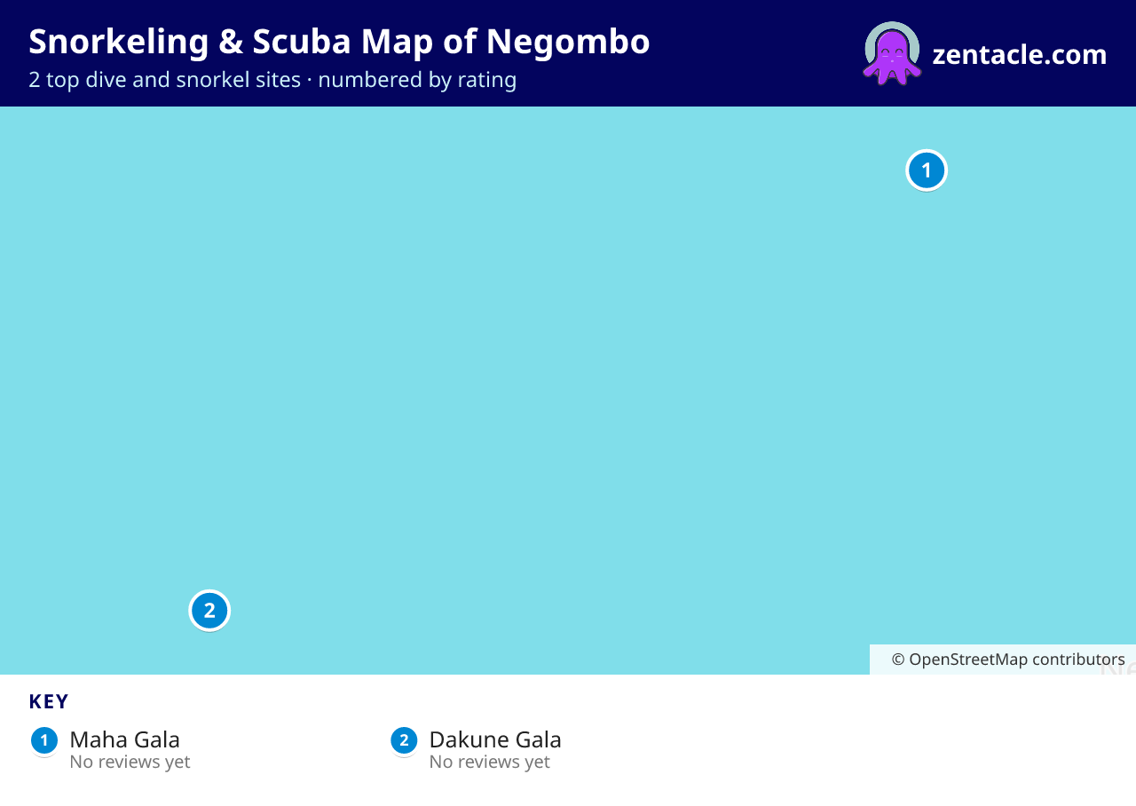Snorkeling & Scuba Map of Negombo: numbered map of the top 2 dive and snorkel sites, with ratings