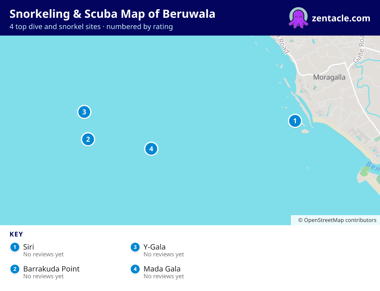 Snorkeling & Scuba Map of Beruwala: numbered map of the top 4 dive and snorkel sites, with ratings