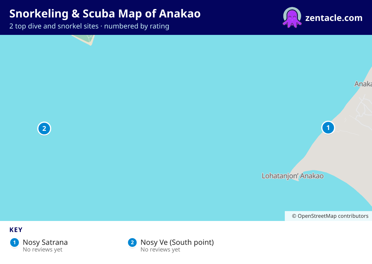 Snorkeling & Scuba Map of Anakao: numbered map of the top 2 dive and snorkel sites, with ratings