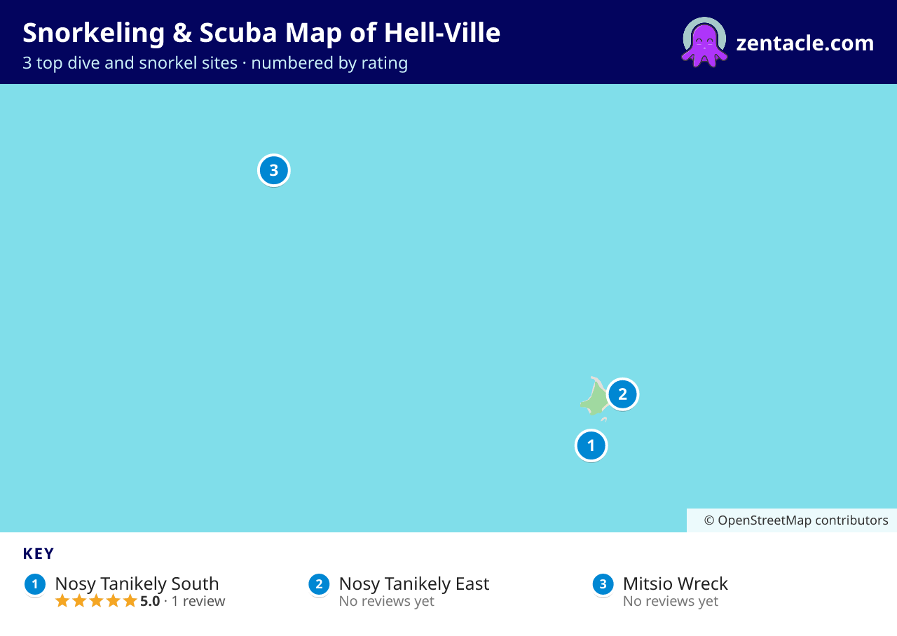 Snorkeling & Scuba Map of Hell-Ville: numbered map of the top 3 dive and snorkel sites, with ratings