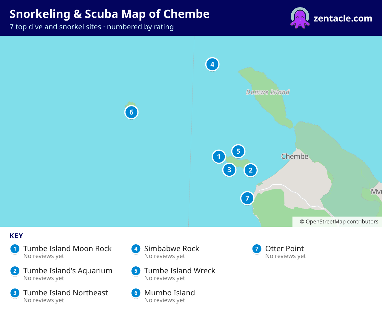 Snorkeling & Scuba Map of Chembe: numbered map of the top 7 dive and snorkel sites, with ratings
