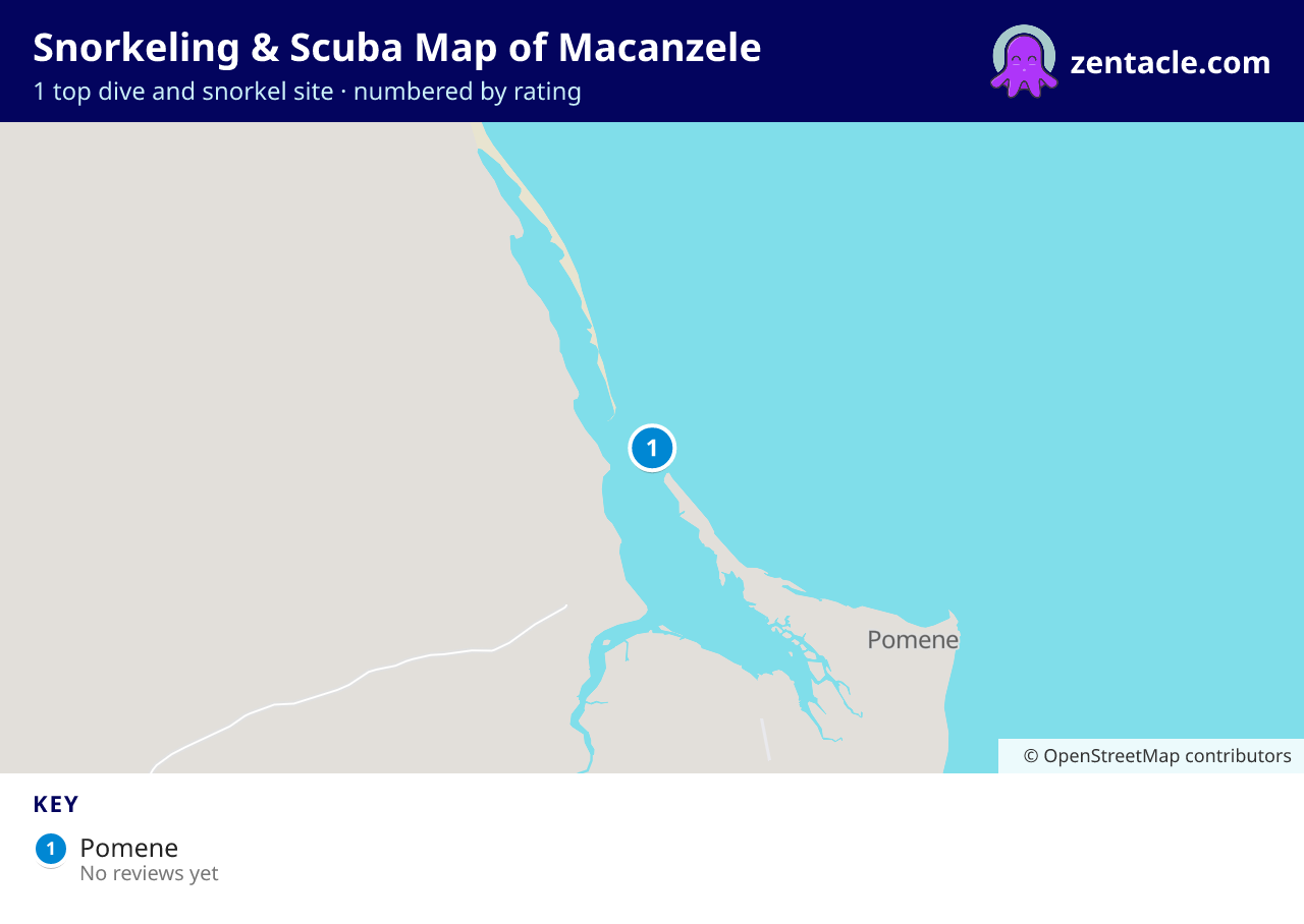 Snorkeling & Scuba Map of Macanzele: numbered map of the top 1 dive and snorkel sites, with ratings