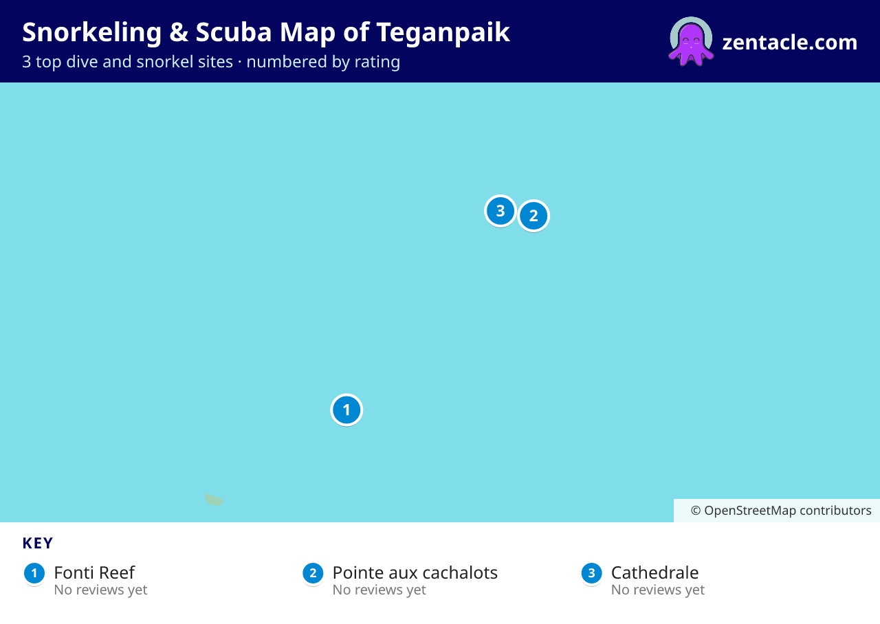 Snorkeling & Scuba Map of Teganpaik: numbered map of the top 3 dive and snorkel sites, with ratings