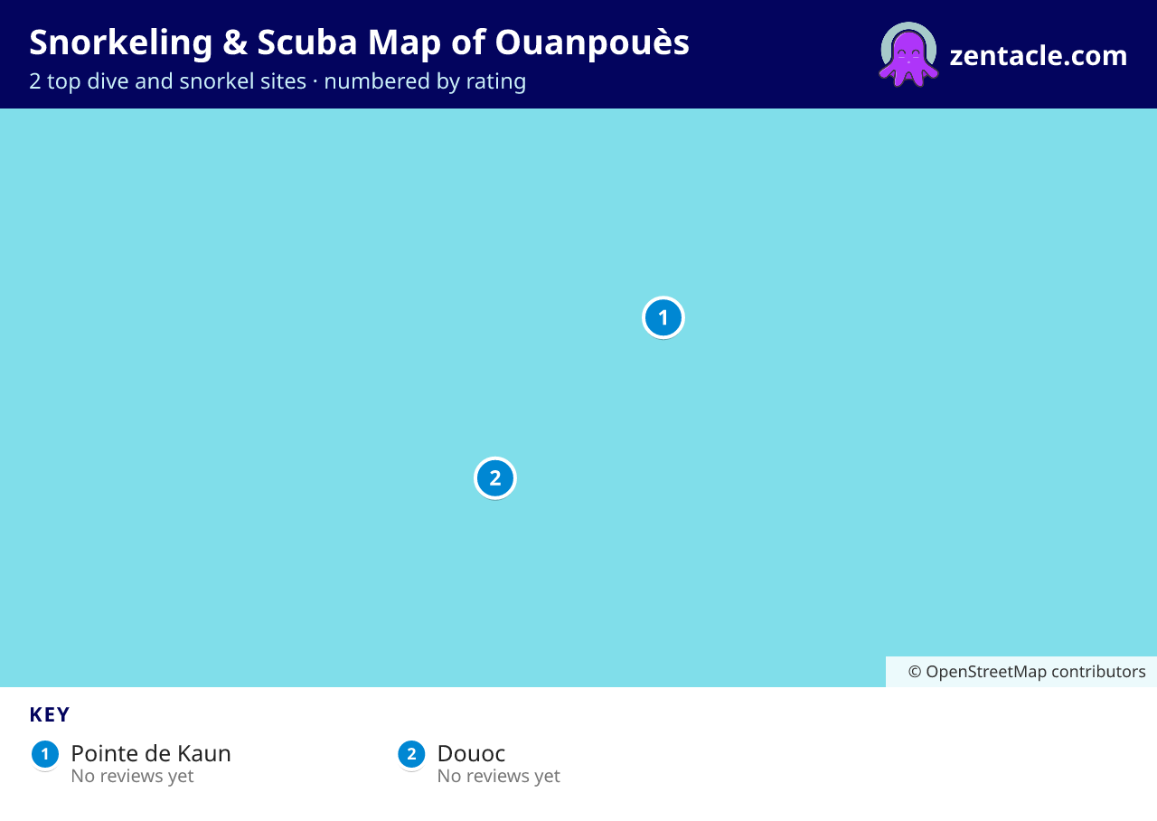 Snorkeling & Scuba Map of Ouanpouès: numbered map of the top 2 dive and snorkel sites, with ratings