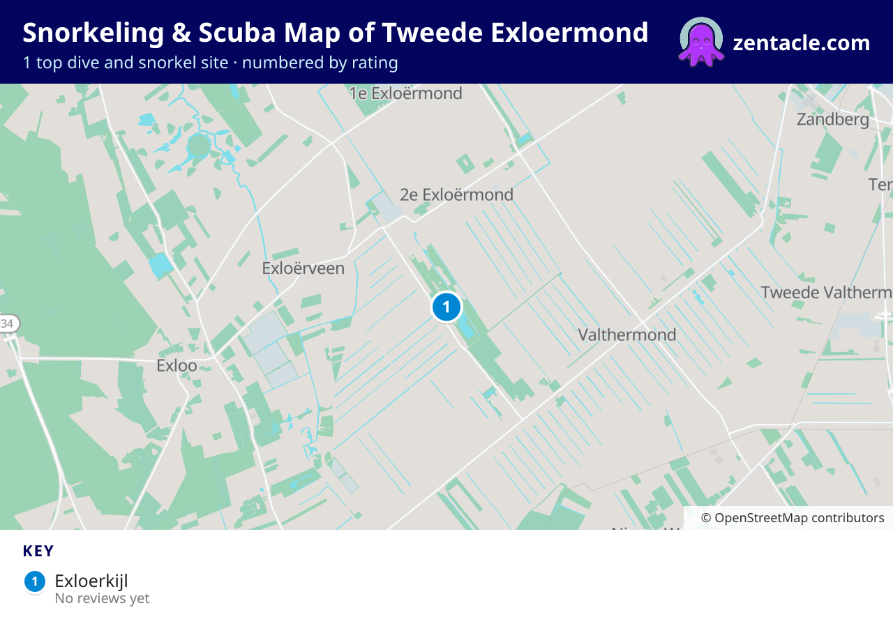 Snorkeling & Scuba Map of Tweede Exloermond: numbered map of the top 1 dive and snorkel sites, with ratings