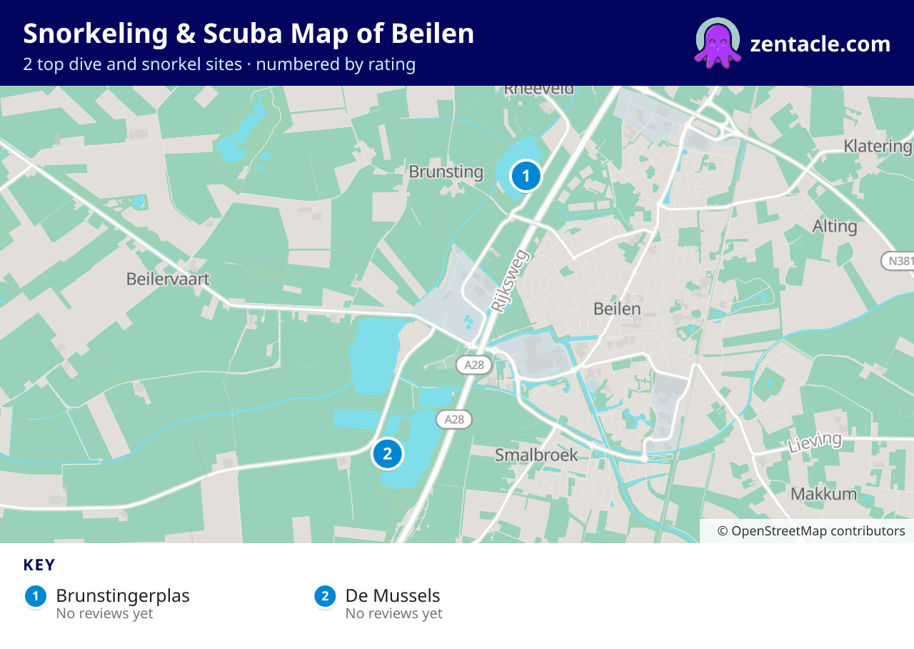 Snorkeling & Scuba Map of Beilen: numbered map of the top 2 dive and snorkel sites, with ratings