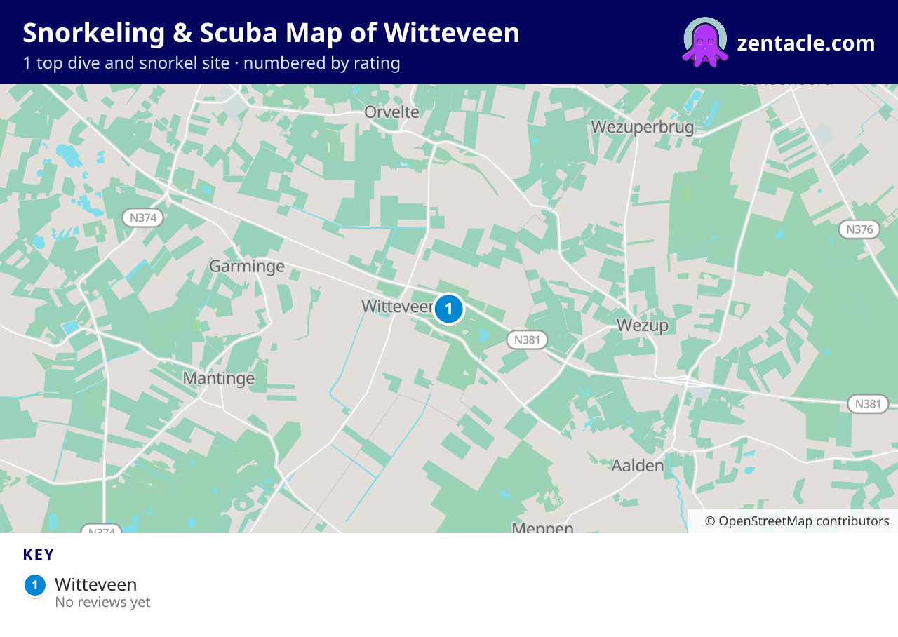 Snorkeling & Scuba Map of Witteveen: numbered map of the top 1 dive and snorkel sites, with ratings