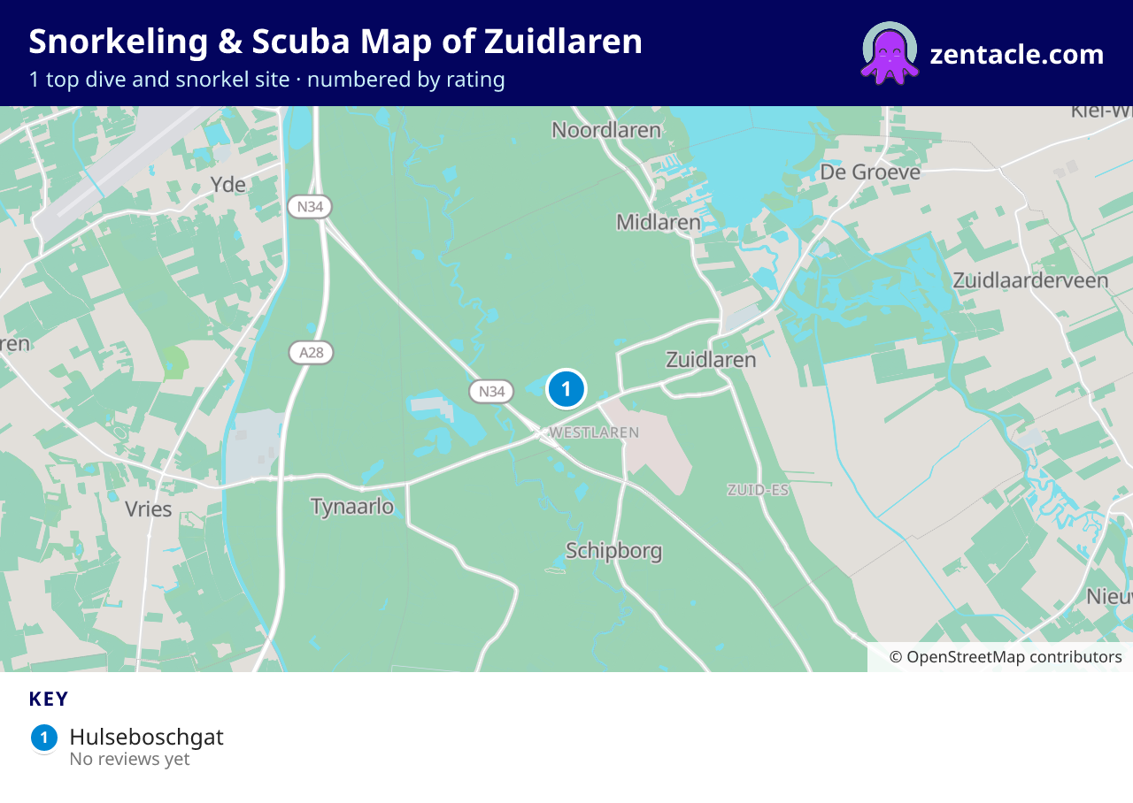Snorkeling & Scuba Map of Zuidlaren: numbered map of the top 1 dive and snorkel sites, with ratings