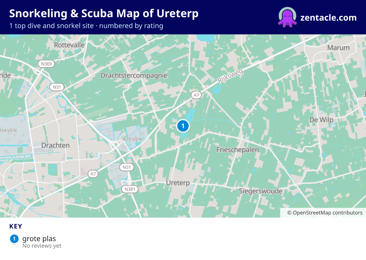 Snorkeling & Scuba Map of Ureterp: numbered map of the top 1 dive and snorkel sites, with ratings