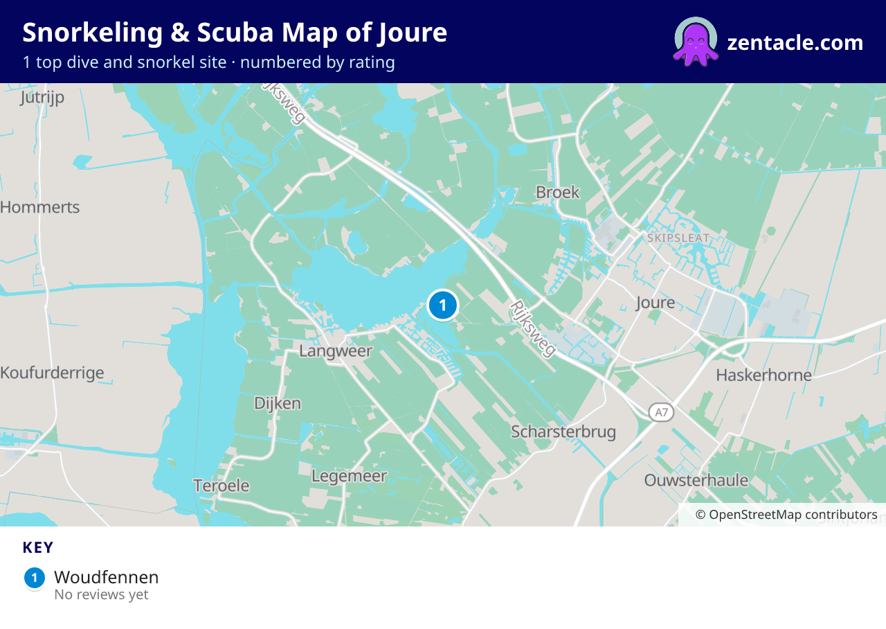 Snorkeling & Scuba Map of Joure: numbered map of the top 1 dive and snorkel sites, with ratings