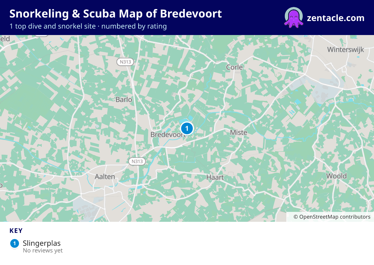 Snorkeling & Scuba Map of Bredevoort: numbered map of the top 1 dive and snorkel sites, with ratings