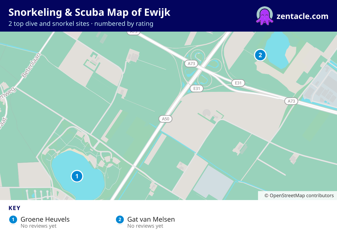 Snorkeling & Scuba Map of Ewijk: numbered map of the top 2 dive and snorkel sites, with ratings