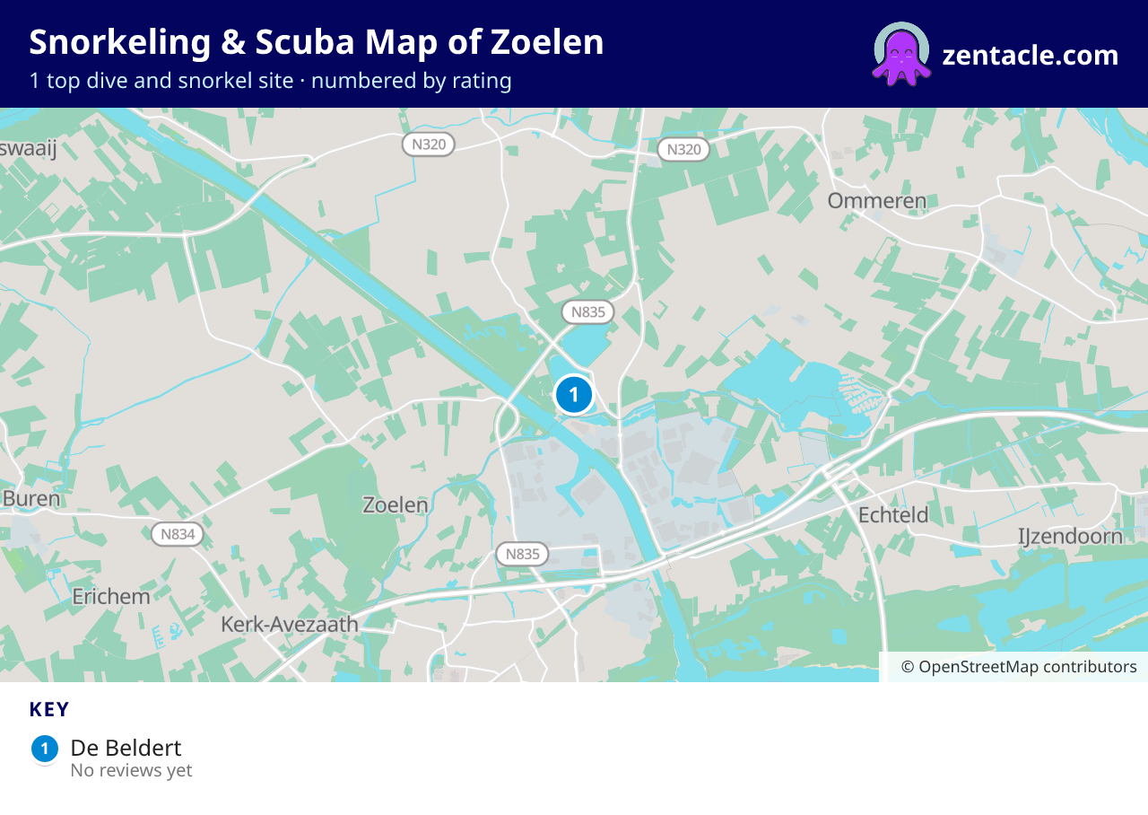 Snorkeling & Scuba Map of Zoelen: numbered map of the top 1 dive and snorkel sites, with ratings