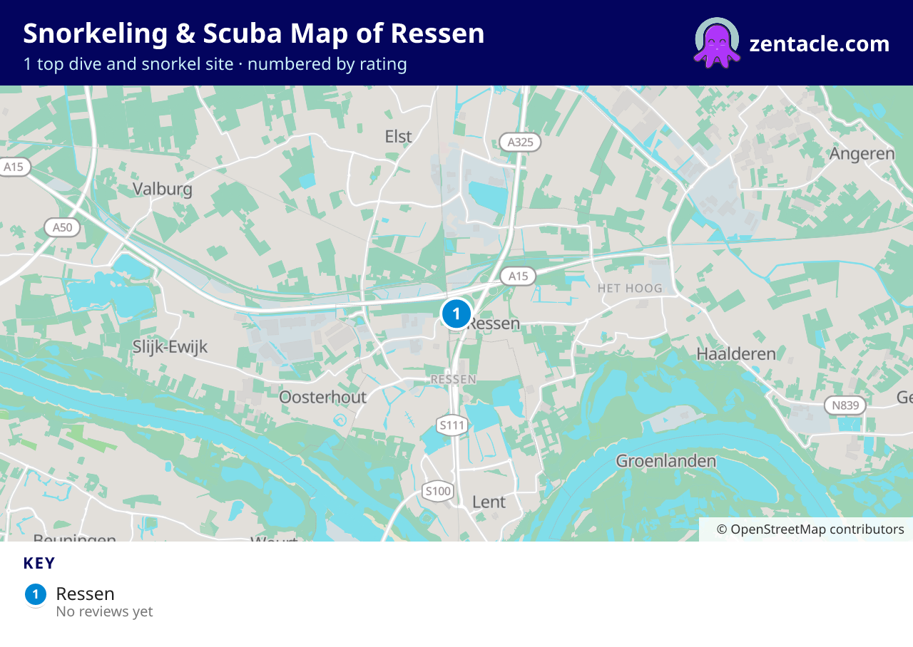 Snorkeling & Scuba Map of Ressen: numbered map of the top 1 dive and snorkel sites, with ratings