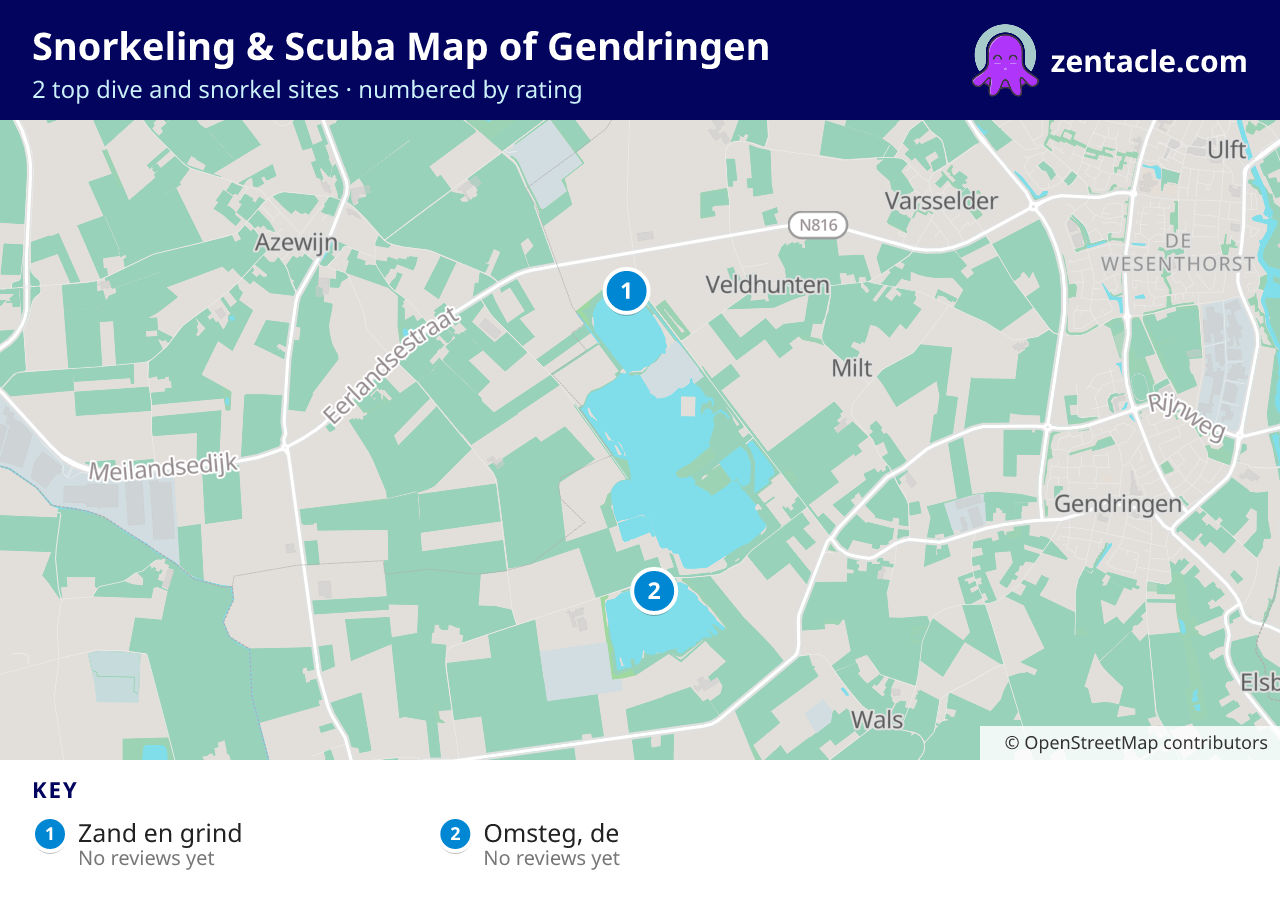 Snorkeling & Scuba Map of Gendringen: numbered map of the top 2 dive and snorkel sites, with ratings
