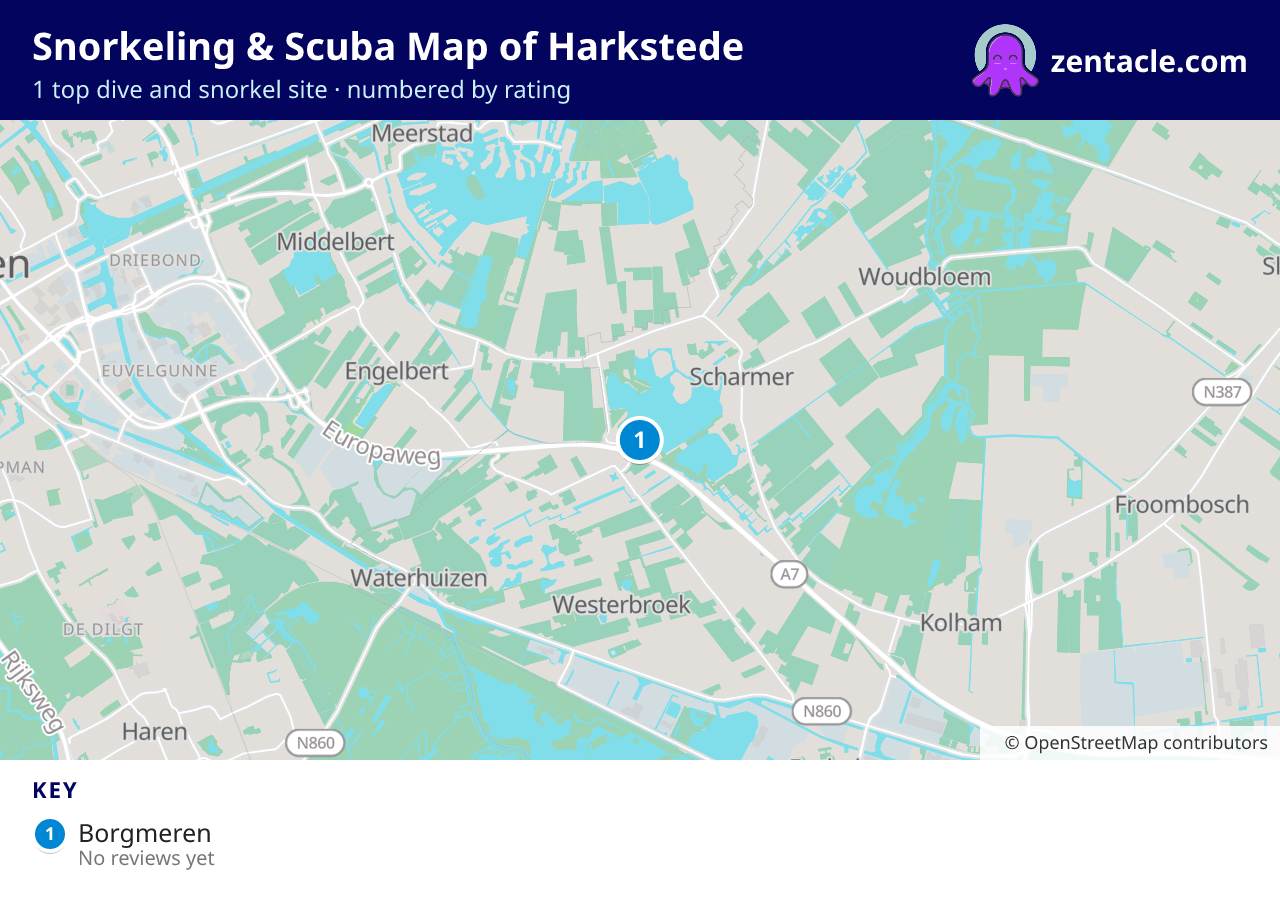 Snorkeling & Scuba Map of Harkstede: numbered map of the top 1 dive and snorkel sites, with ratings