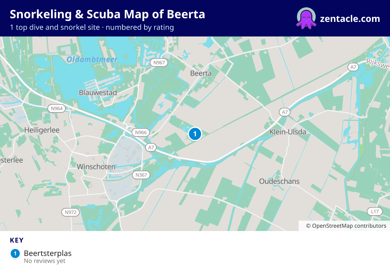 Snorkeling & Scuba Map of Beerta: numbered map of the top 1 dive and snorkel sites, with ratings