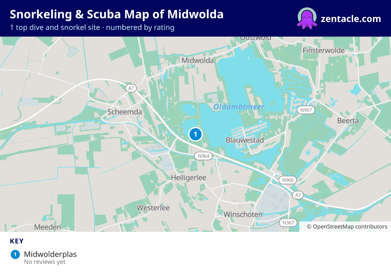 Snorkeling & Scuba Map of Midwolda: numbered map of the top 1 dive and snorkel sites, with ratings