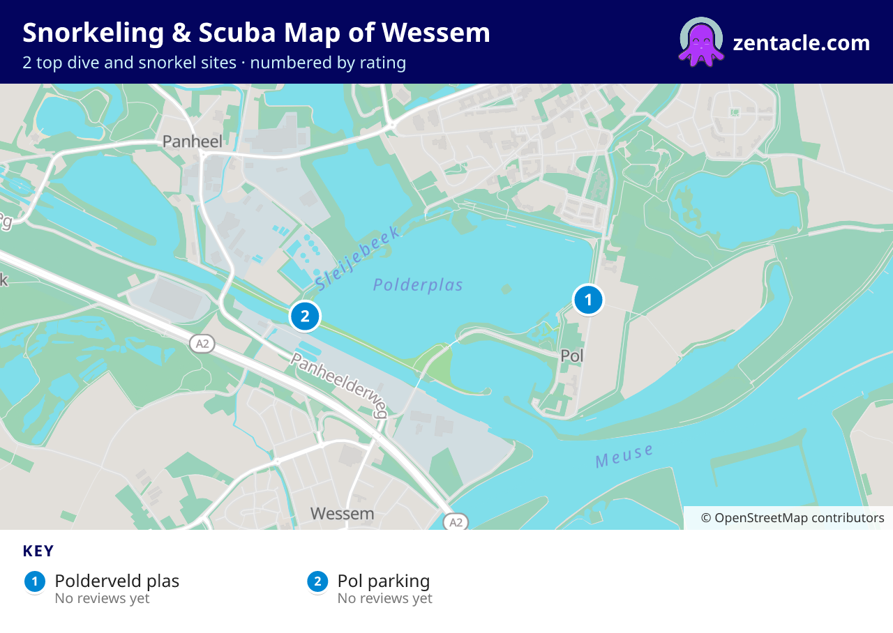Snorkeling & Scuba Map of Wessem: numbered map of the top 2 dive and snorkel sites, with ratings