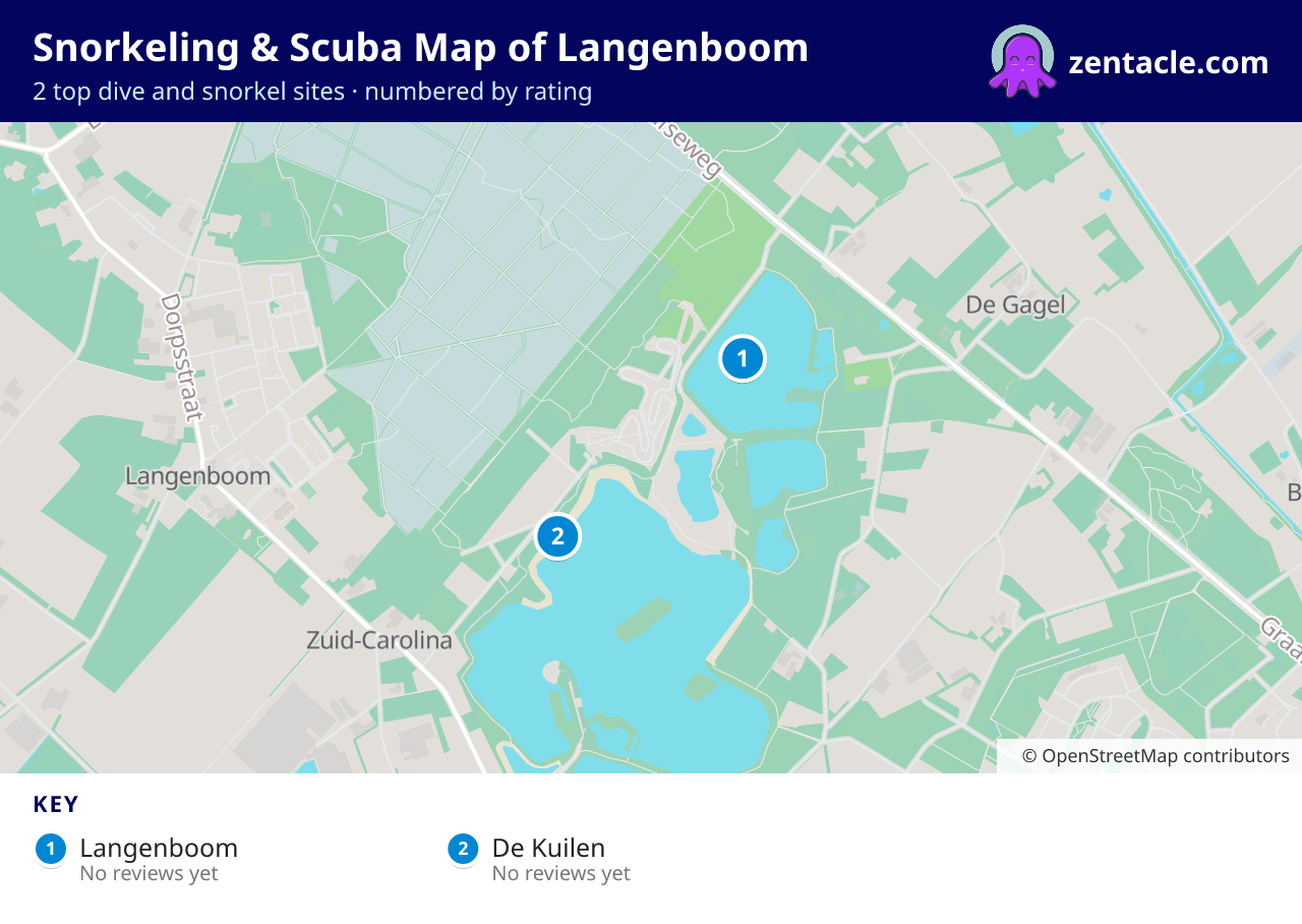 Snorkeling & Scuba Map of Langenboom: numbered map of the top 2 dive and snorkel sites, with ratings