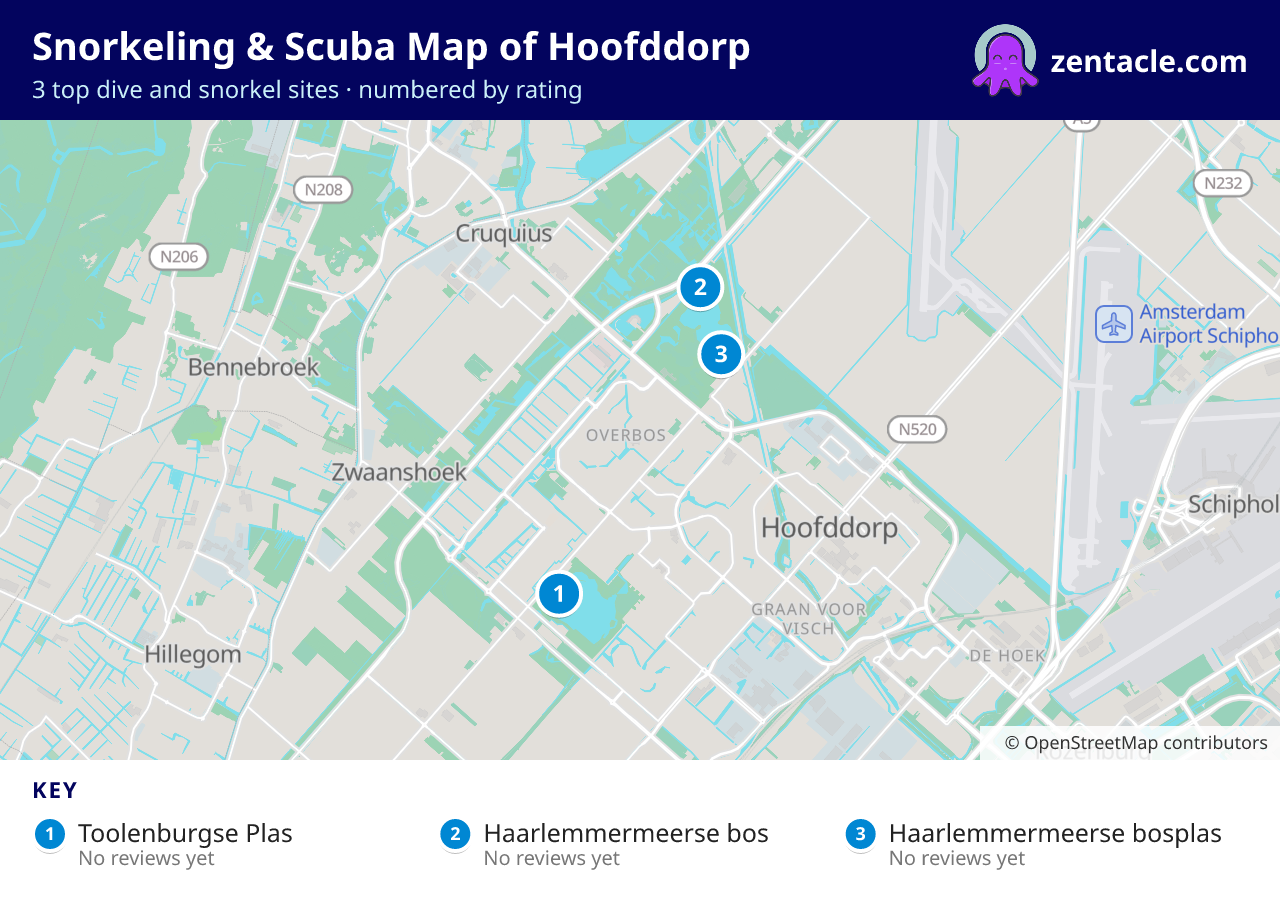 Snorkeling & Scuba Map of Hoofddorp: numbered map of the top 3 dive and snorkel sites, with ratings