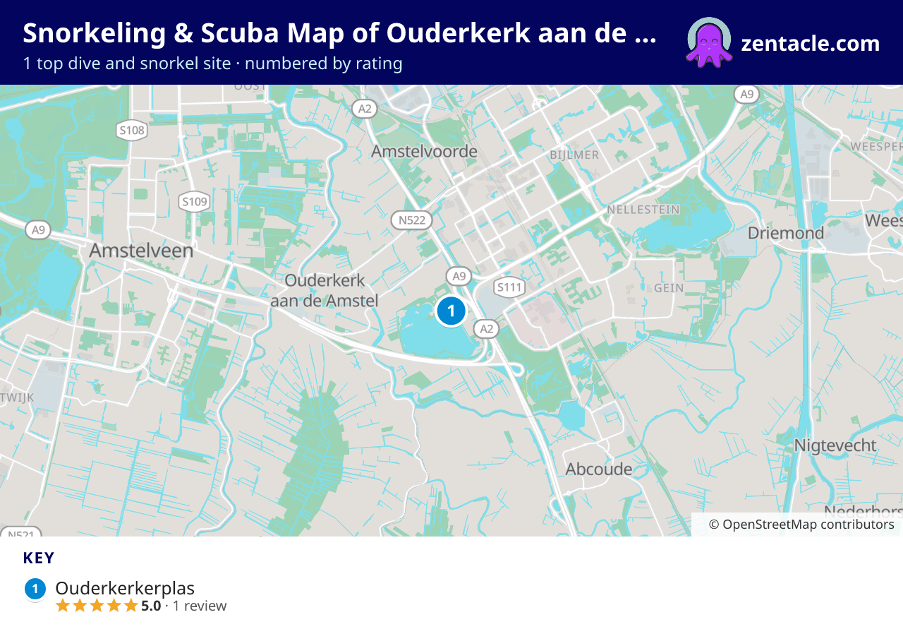 Snorkeling & Scuba Map of Ouderkerk aan de Amstel: numbered map of the top 1 dive and snorkel sites, with ratings