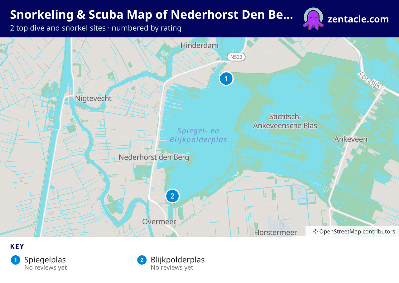 Snorkeling & Scuba Map of Nederhorst Den Berg: numbered map of the top 2 dive and snorkel sites, with ratings