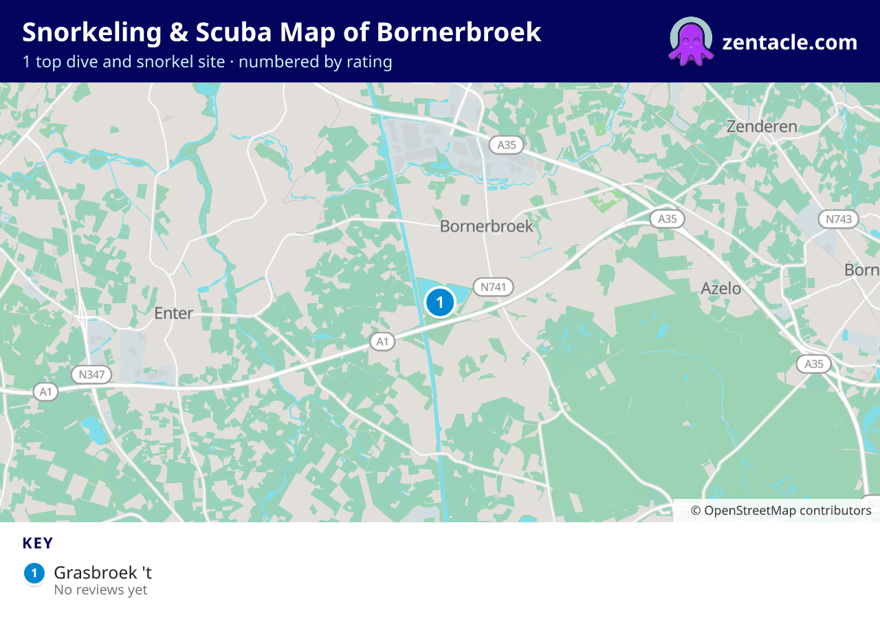 Snorkeling & Scuba Map of Bornerbroek: numbered map of the top 1 dive and snorkel sites, with ratings