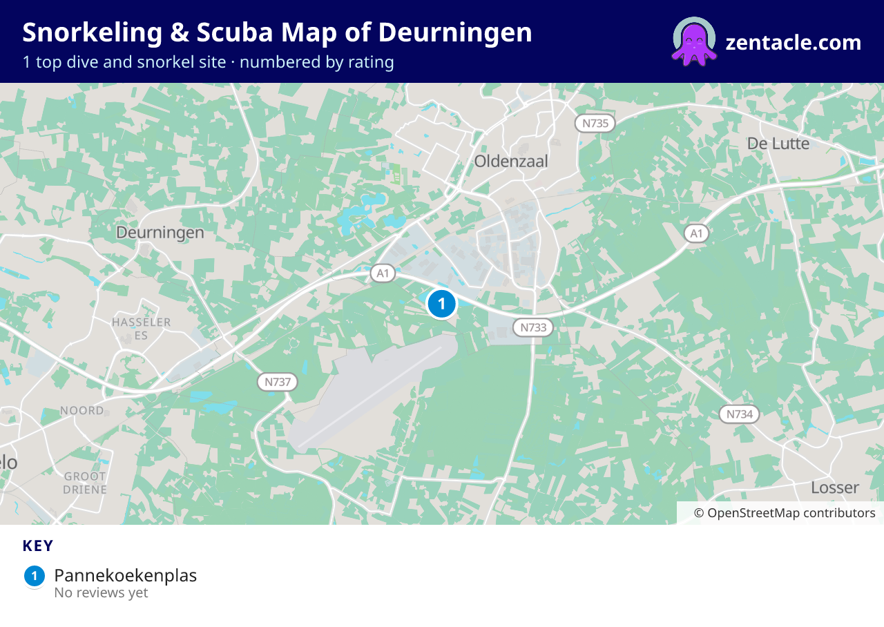 Snorkeling & Scuba Map of Deurningen: numbered map of the top 1 dive and snorkel sites, with ratings