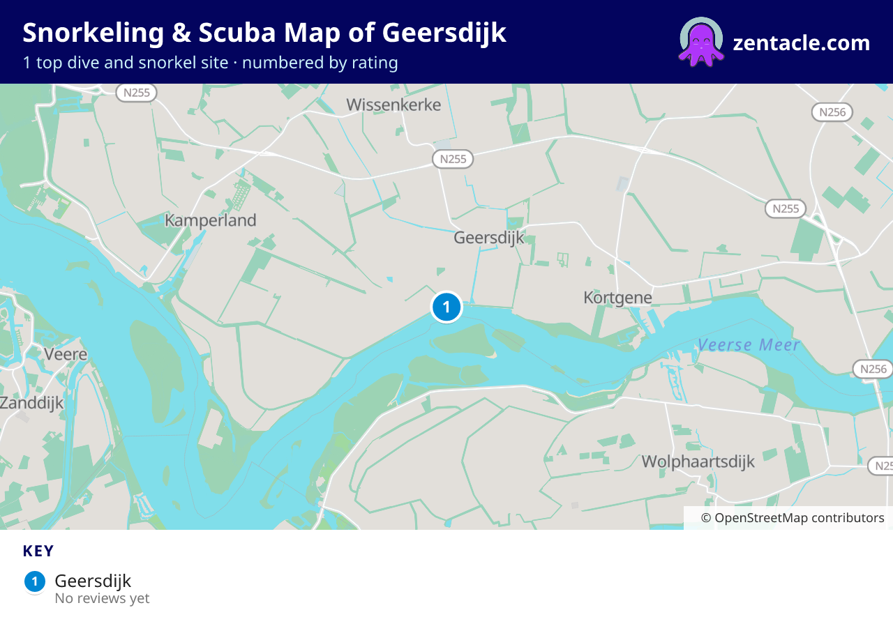 Snorkeling & Scuba Map of Geersdijk: numbered map of the top 1 dive and snorkel sites, with ratings