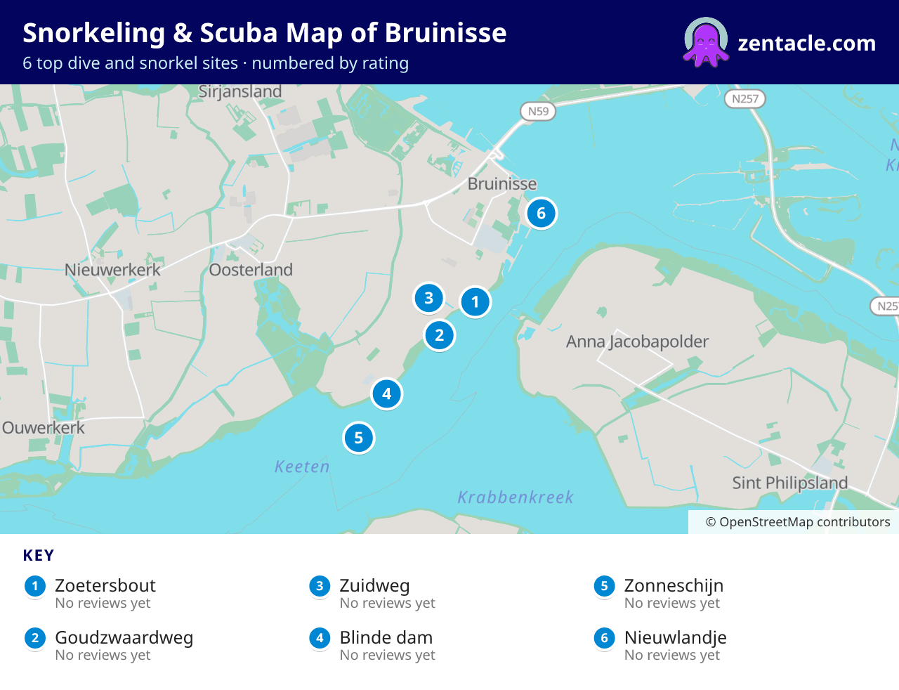 Snorkeling & Scuba Map of Bruinisse: numbered map of the top 6 dive and snorkel sites, with ratings