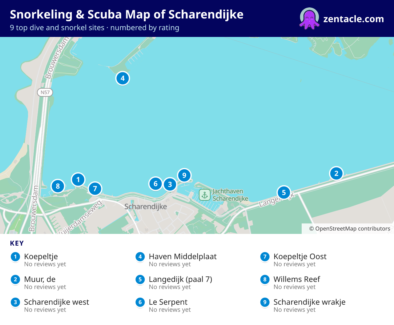 Snorkeling & Scuba Map of Scharendijke: numbered map of the top 9 dive and snorkel sites, with ratings