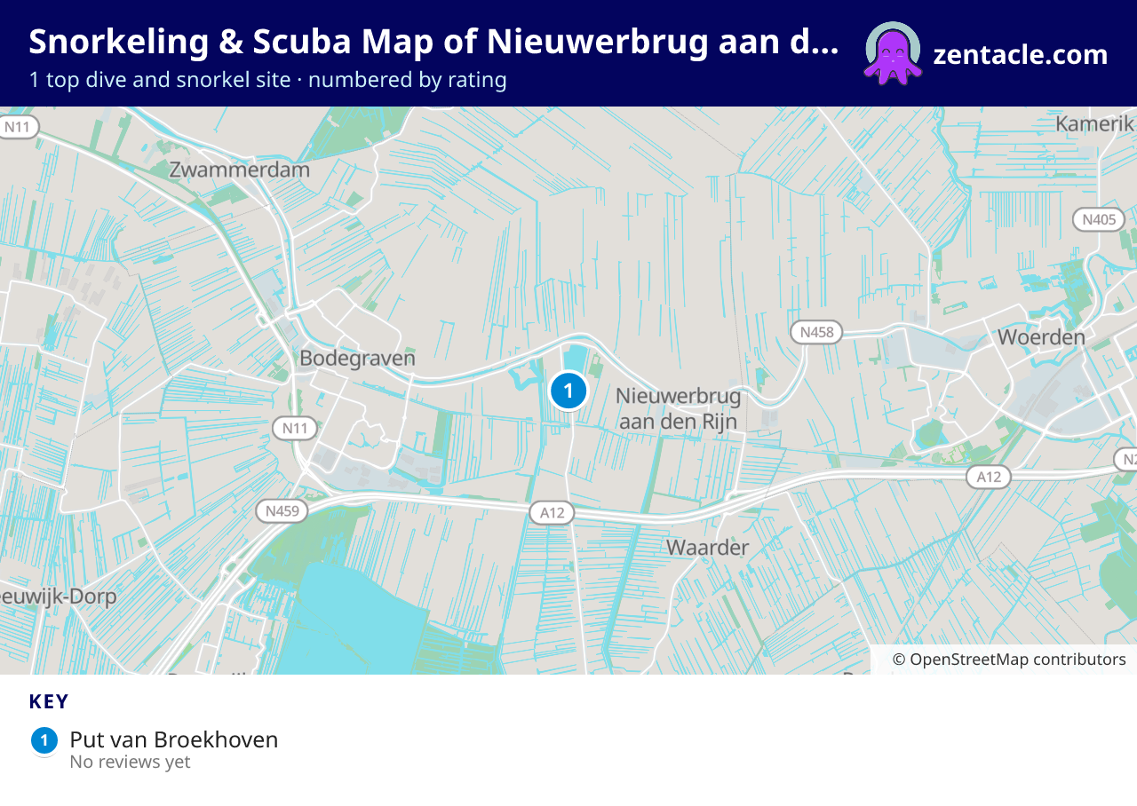 Snorkeling & Scuba Map of Nieuwerbrug aan den Rijn: numbered map of the top 1 dive and snorkel sites, with ratings