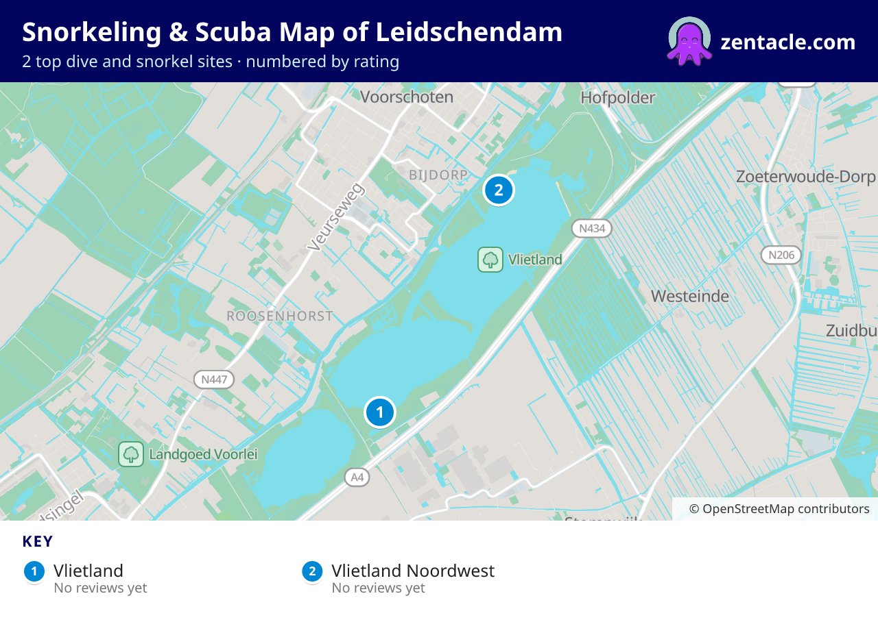 Snorkeling & Scuba Map of Leidschendam: numbered map of the top 2 dive and snorkel sites, with ratings