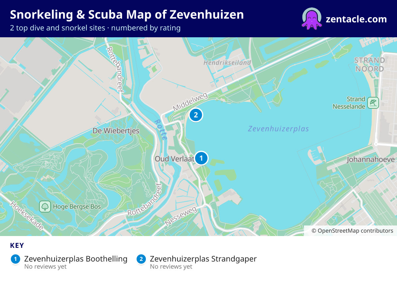 Snorkeling & Scuba Map of Zevenhuizen: numbered map of the top 2 dive and snorkel sites, with ratings
