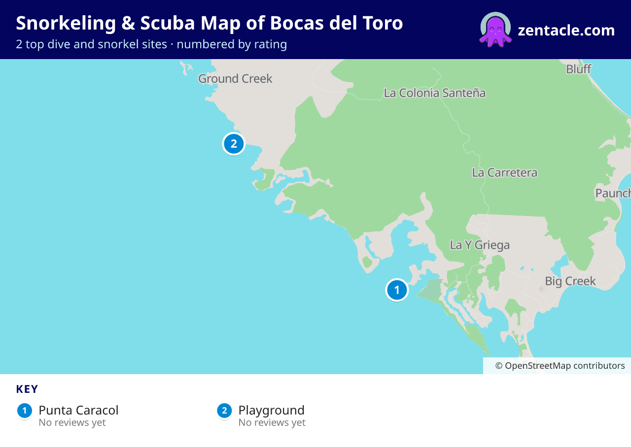 Snorkeling & Scuba Map of Bocas del Toro: numbered map of the top 2 dive and snorkel sites, with ratings