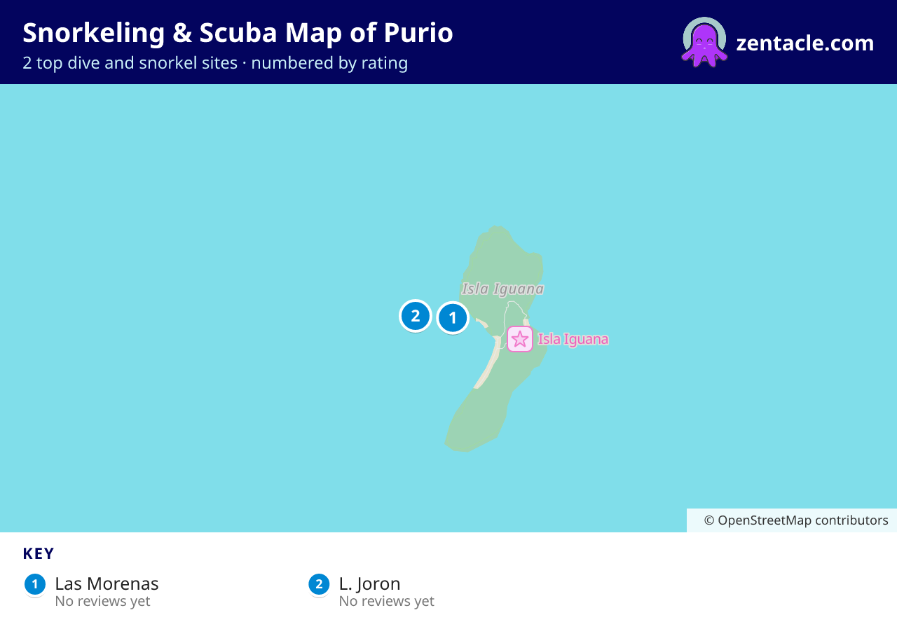 Snorkeling & Scuba Map of Purio: numbered map of the top 2 dive and snorkel sites, with ratings