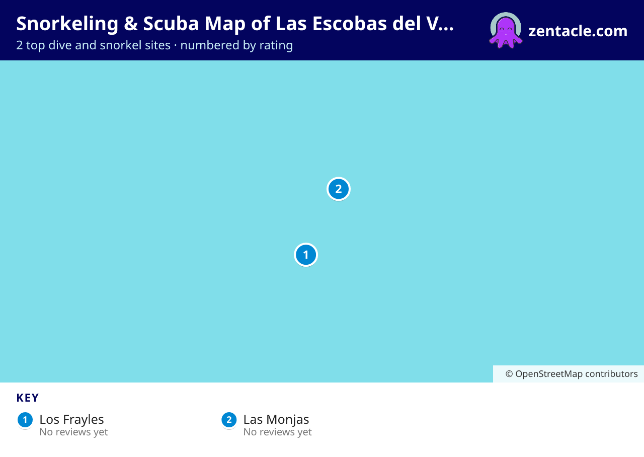 Snorkeling & Scuba Map of Las Escobas del Venado: numbered map of the top 2 dive and snorkel sites, with ratings