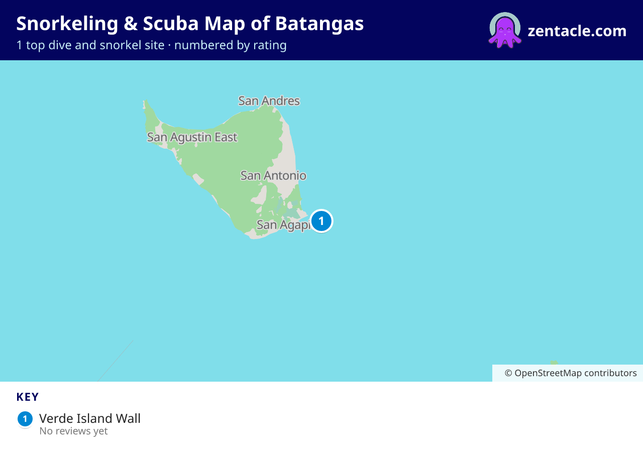 Snorkeling & Scuba Map of Batangas: numbered map of the top 1 dive and snorkel sites, with ratings